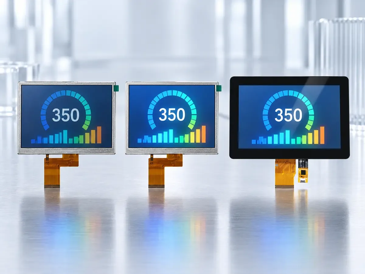 Two modules compared for backlight brightness, next to one with a bonded touch cover glass