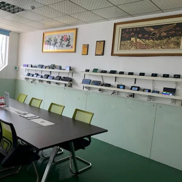 Meeting room with a wall of Junxian display module samples