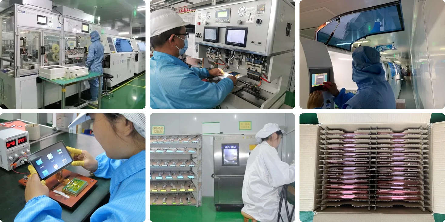 Six stages on the Junxian line: SMT, COG bonding, clean-room assembly, functional test, ageing racks and packing