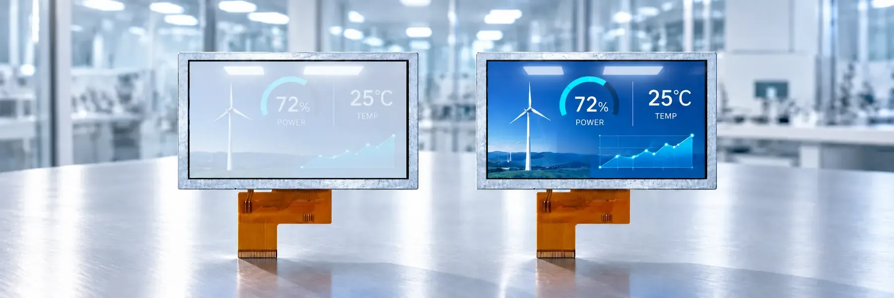 Two display modules compared under strong light, one washed out and one still legible