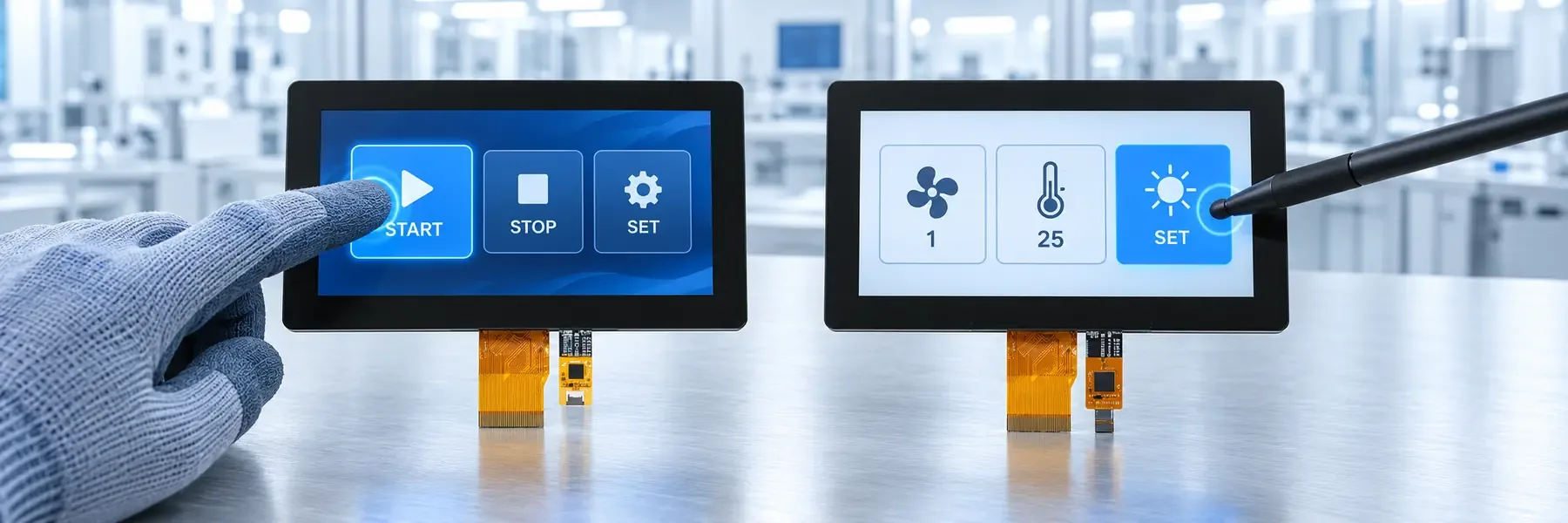 A gloved finger on a capacitive touch panel and a stylus on a resistive one